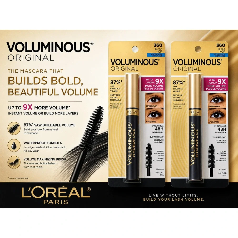 L'Oreal Voluminous Original Waterproof Mascara 360 Black Noir 2 Pack 0.28oz Each